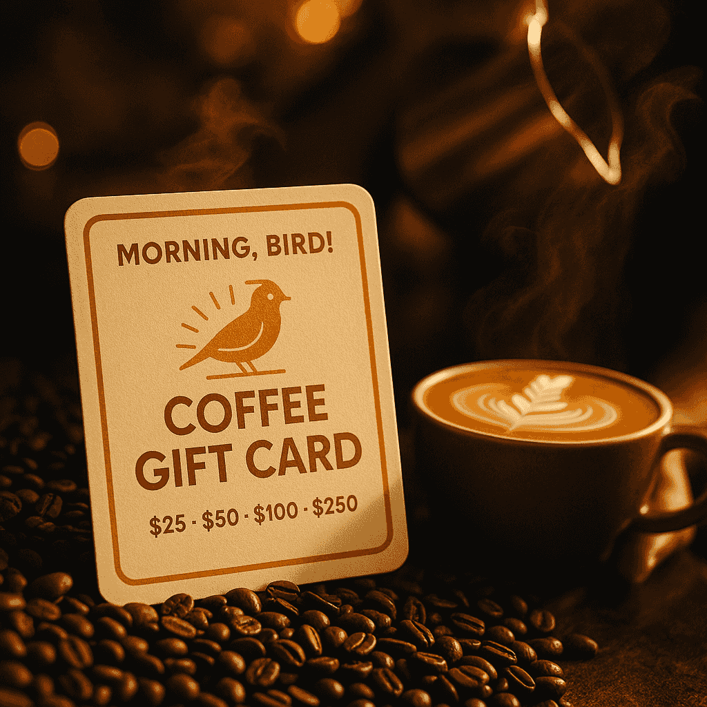 Coffee gift card with a cup of coffee and coffee beans on a dark background