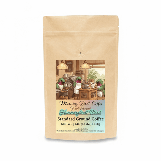 Hummingbird! Blend - High-Caffeine Coffee - Standard Grind bag featuring detailed coffee artwork.