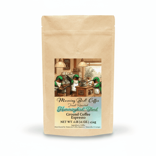 Hummingbird! Blend - High Caffeine Coffee - Espresso Grind packaging with vibrant coffee graphics.