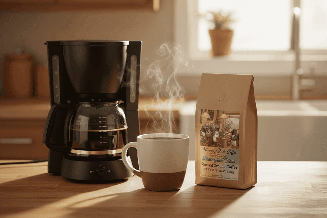 Drip coffee maker brewing beside a steaming mug and a bag of Morning, Bird! Coffee in warm morning light