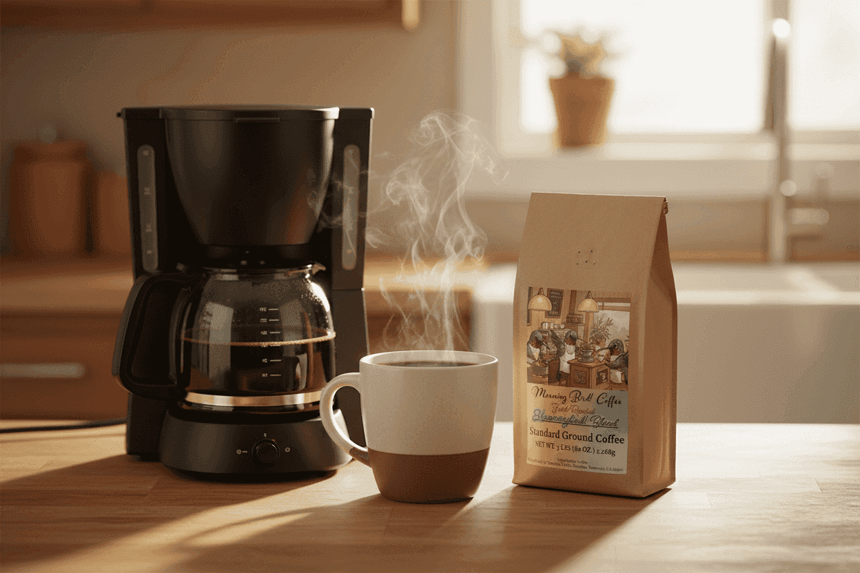 Hummingbird! Blend - High-Caffeine Coffee - Standard Grind with steaming cup and coffee maker in cozy kitchen.