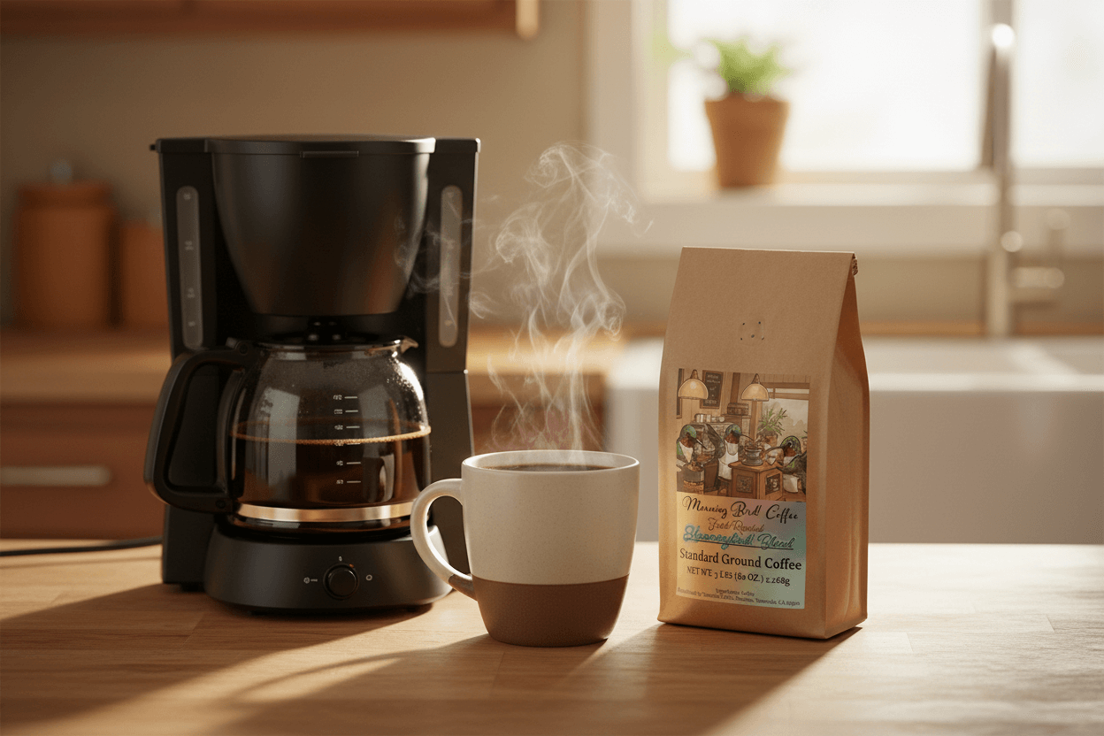 Hummingbird! Blend - High-Caffeine Coffee - Standard Grind with steaming cup and coffee maker in cozy kitchen.