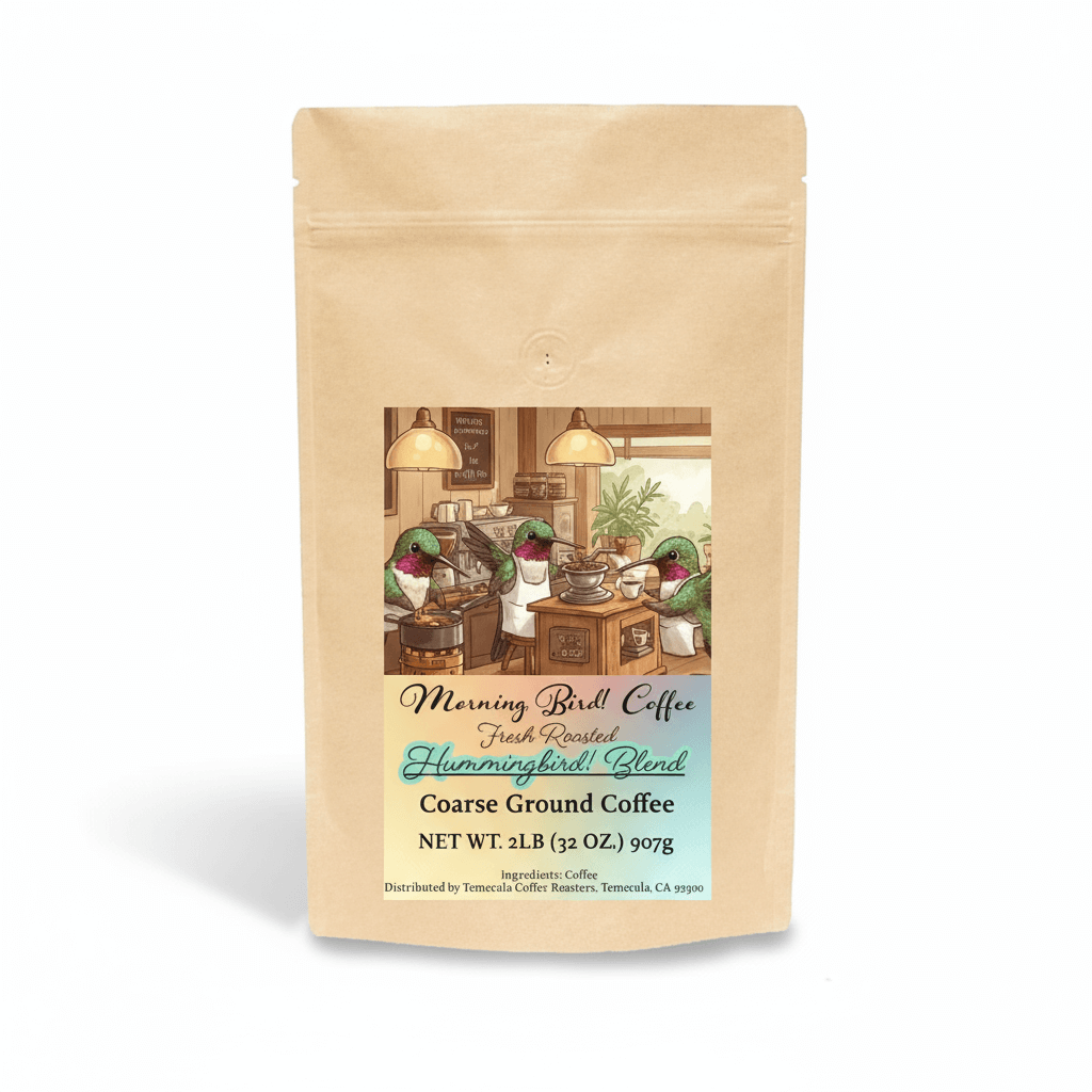 Hummingbird! Blend - High-Caffeine Coffee - Coarse Grind packaging displayed on a beige coffee bag.