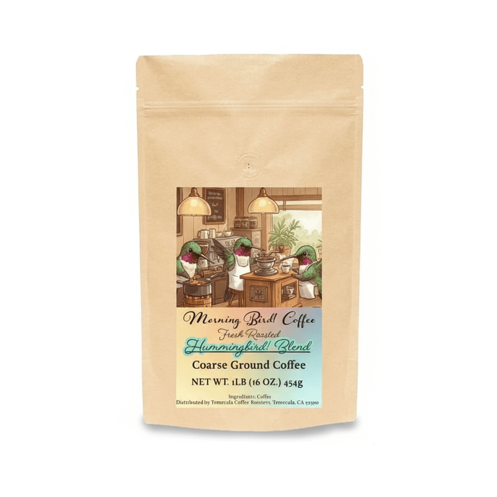Hummingbird! Blend - High-Caffeine Coffee - Coarse Grind in a fresh roasted bag from Morning Bird Coffee.