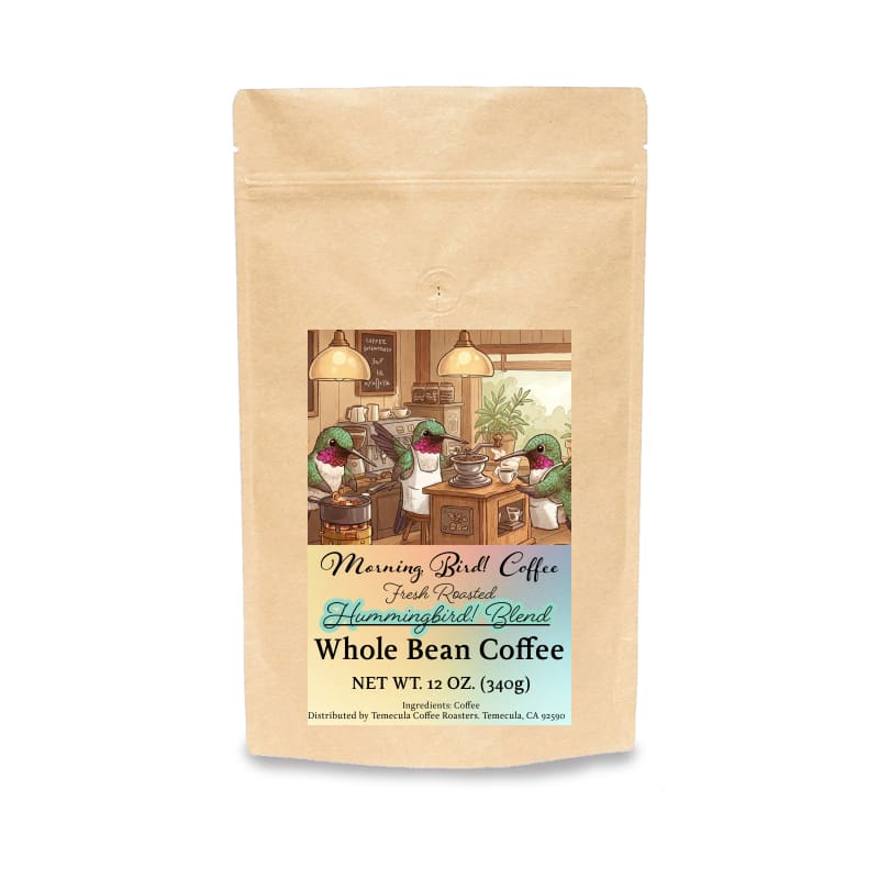 Hummingbird Blend high caffeine medium dark roast coffee bag