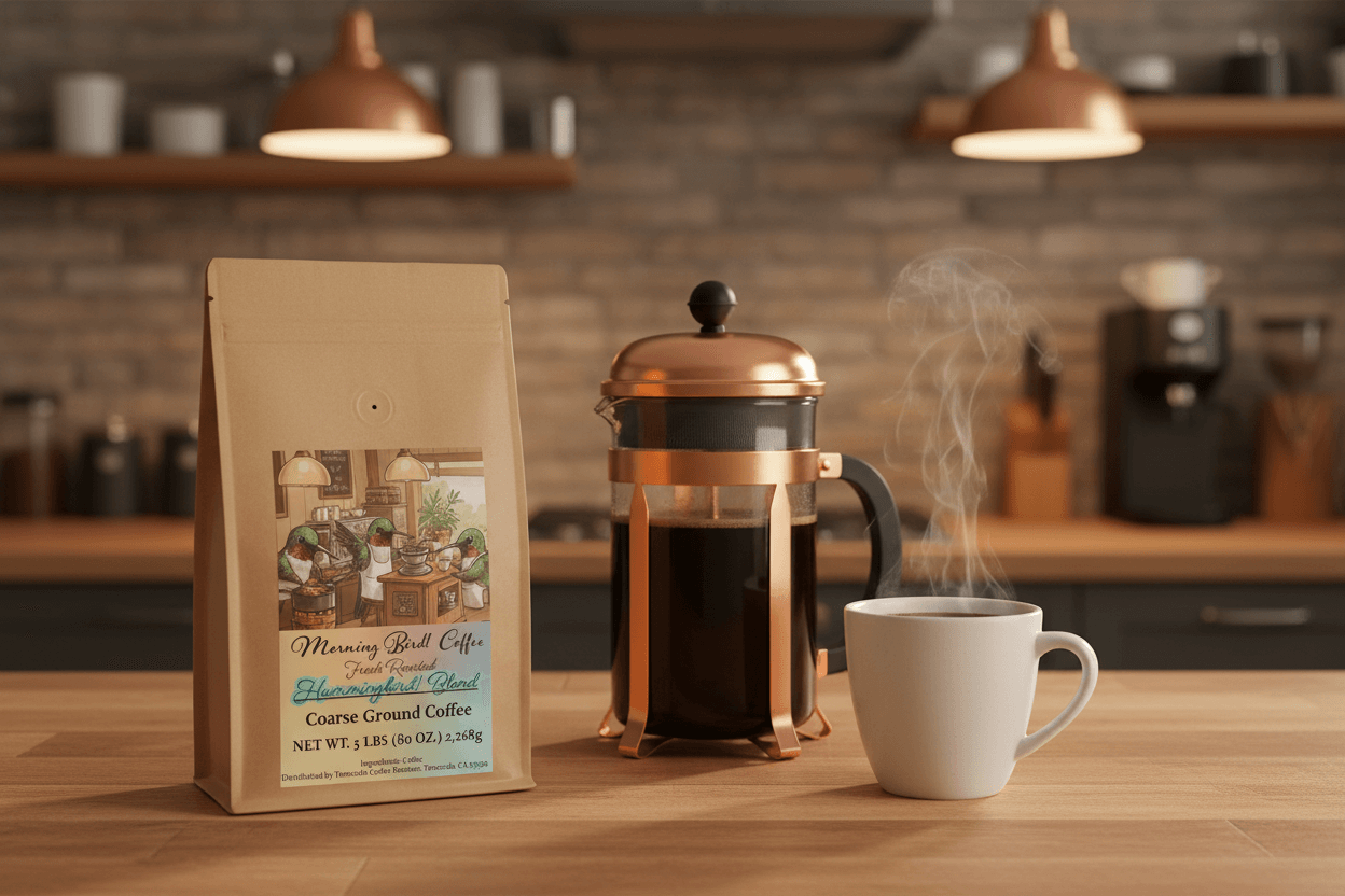 Hummingbird! Blend - High-Caffeine Coffee - Coarse Grind package next to a French press and steaming cup.