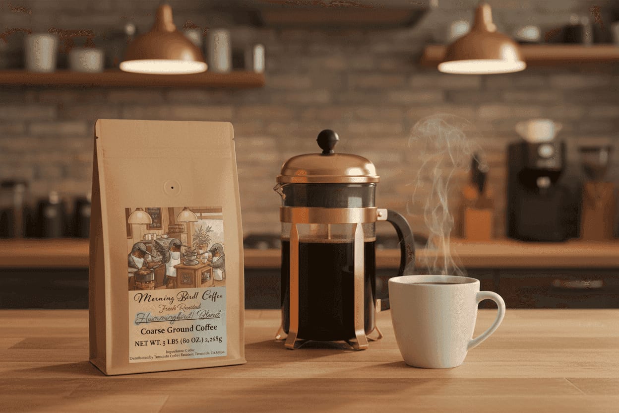 Morning, Bird! Hummingbird! Blend High Caffeine Coffee – Espresso Grind | Lifestyle Shot with Espresso Machine, Medium Dark Roast, Morning, Bird! Coffee