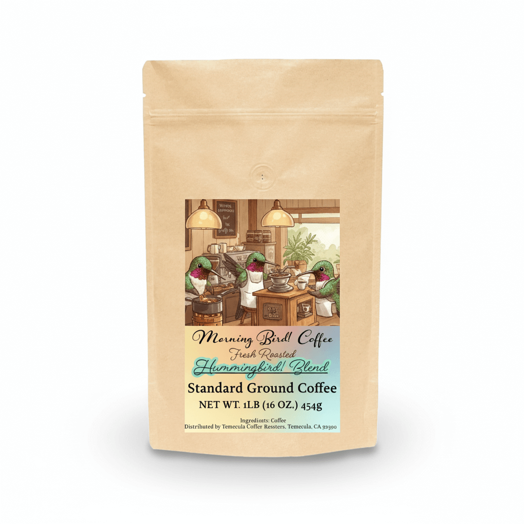 Hummingbird! Blend - High-Caffeine Coffee - Standard Grind packaged in a fresh roasted coffee bag.
