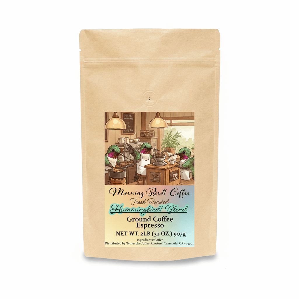 Hummingbird! Blend - High Caffeine Coffee - Espresso Grind in a rustic package with vibrant artwork.
