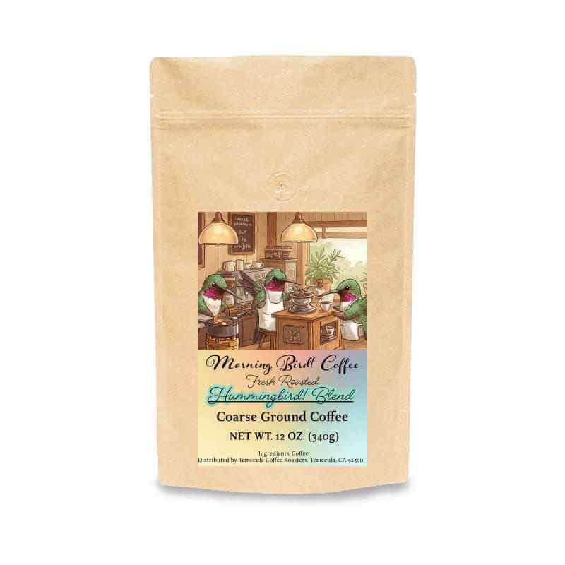 Hummingbird! Blend - High-Caffeine Coffee - Coarse Grind packed in a brown bag with rustic design.