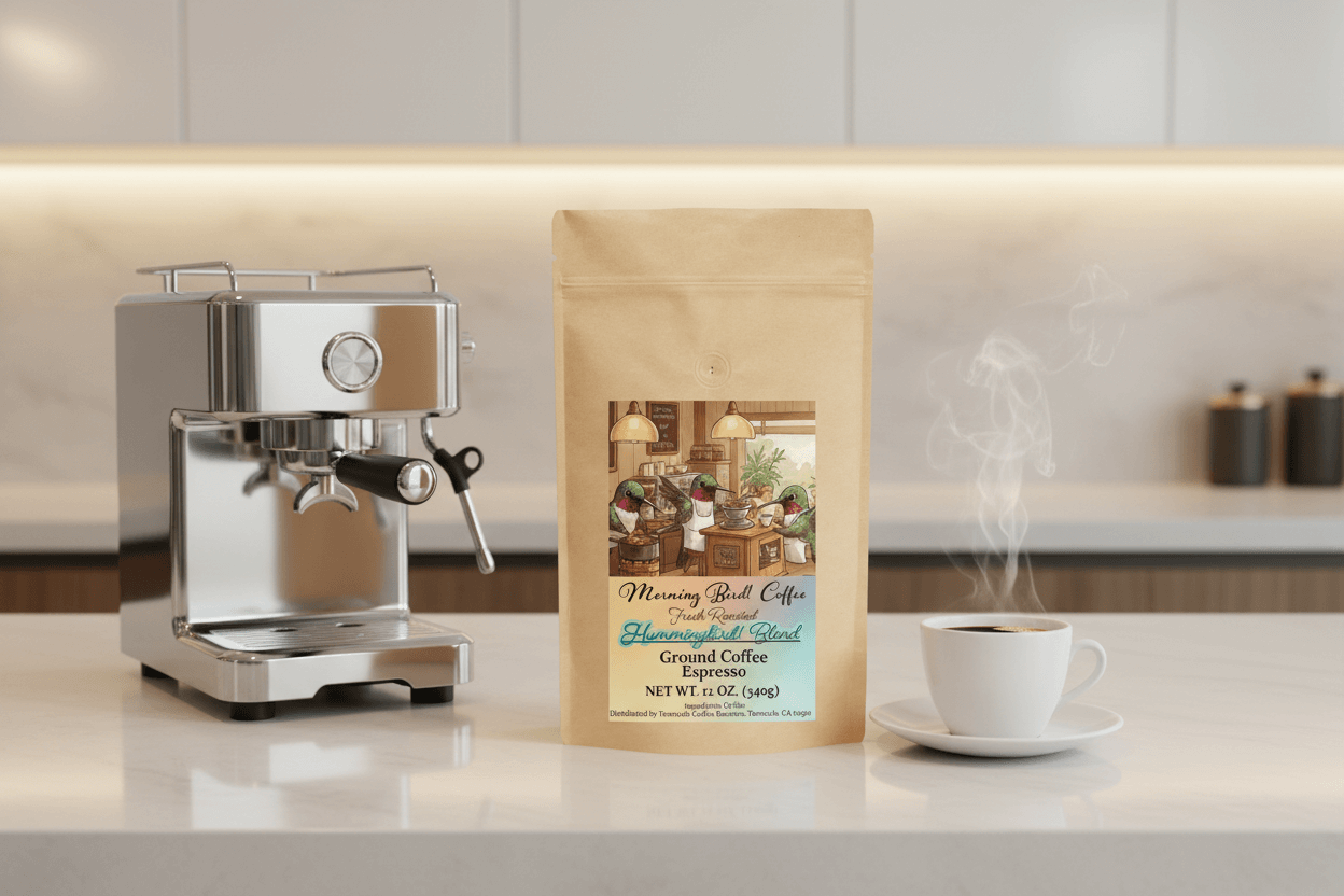 Hummingbird! Blend - High Caffeine Coffee - Espresso Grind bag beside an espresso machine and cup of coffee.