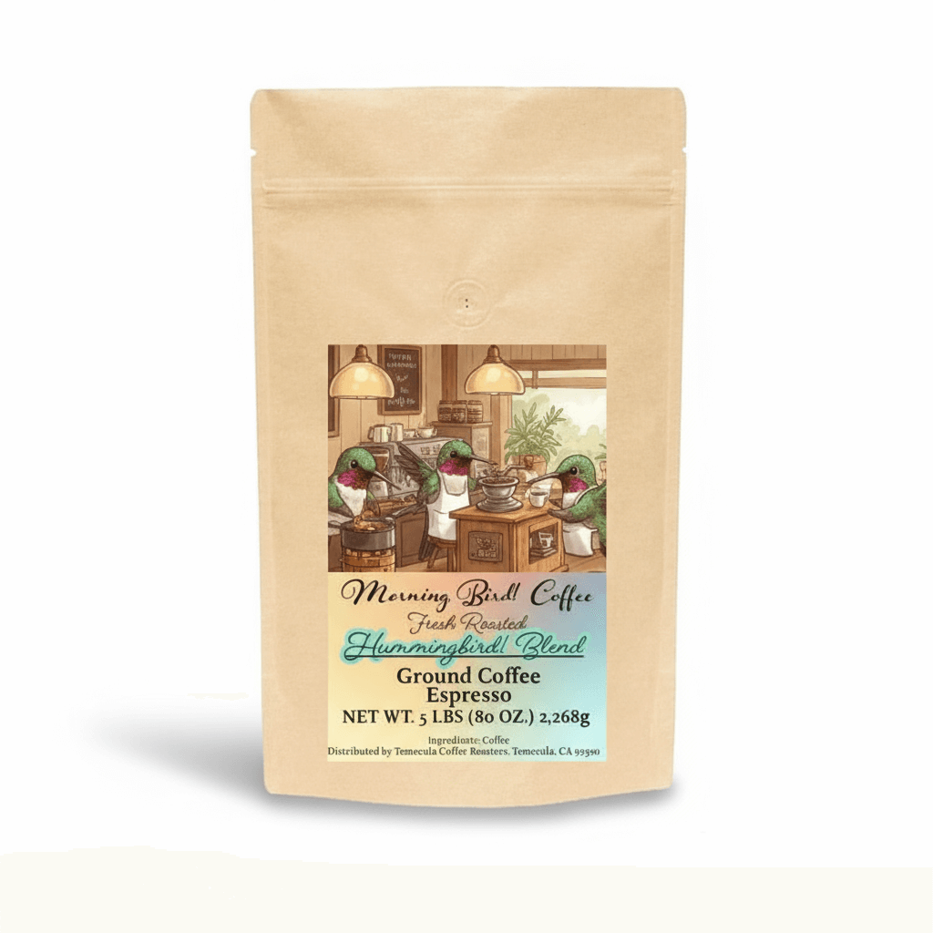 Hummingbird! Blend - High Caffeine Coffee - Espresso Grind packaging showcasing fresh roasted ground coffee.