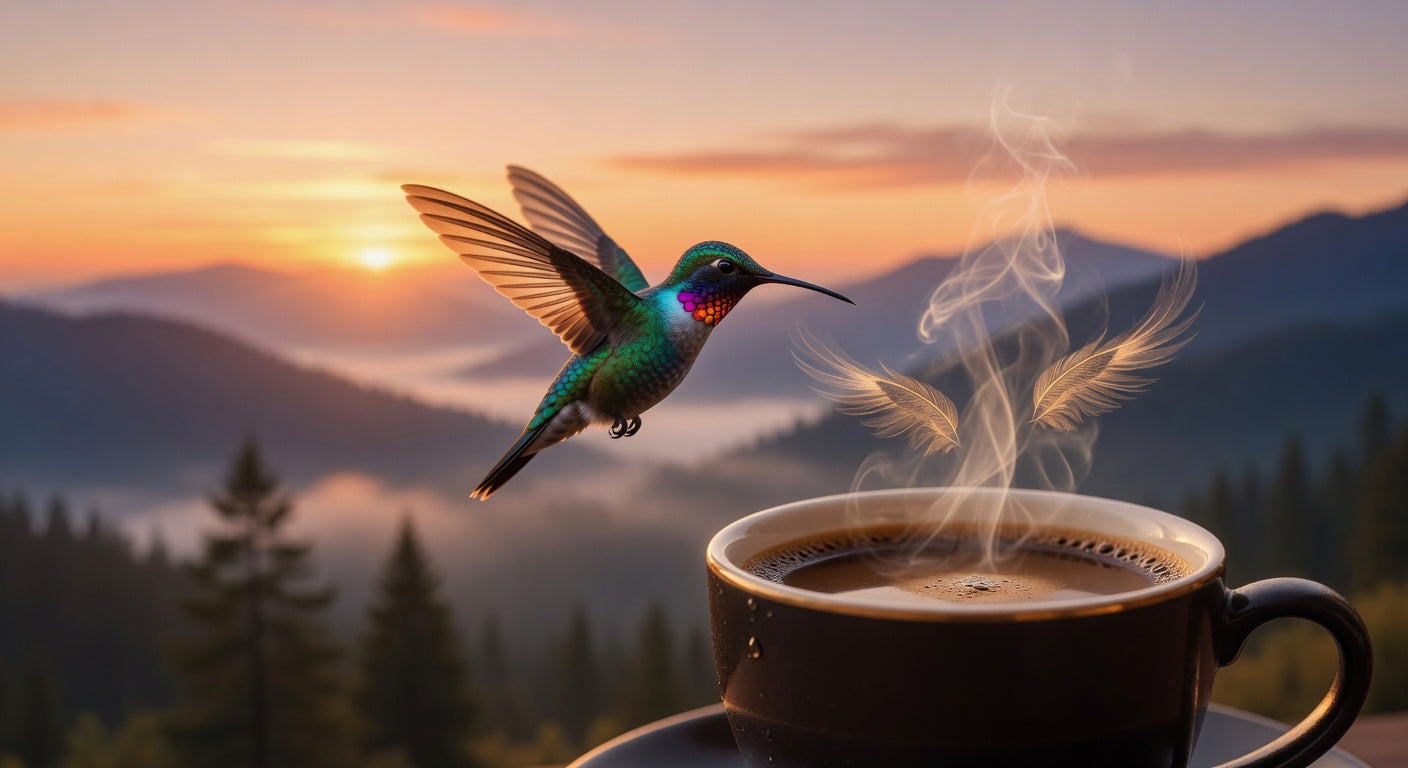 Cinematic hero: hummingbird in golden sunrise with coffee steam forming wings
